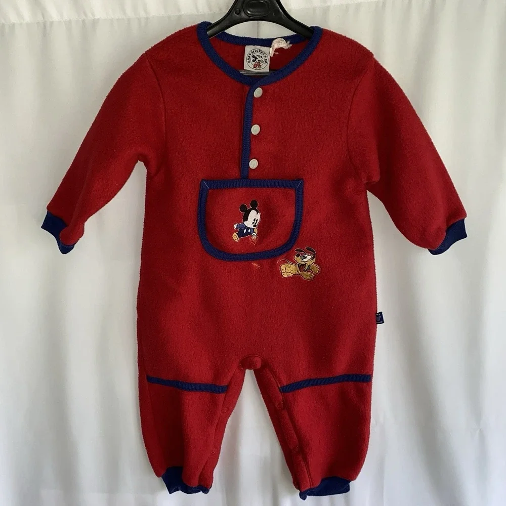 Vintage 90s Disney Baby Mickey & Co Red Fleece‎ Romper Mickey Mouse Pluto 18M